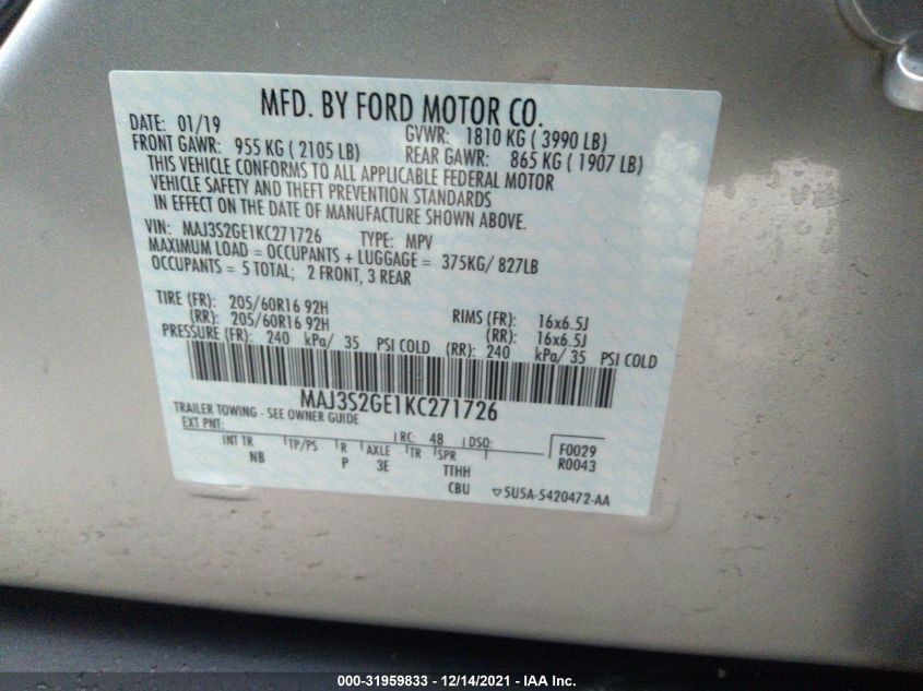 2019 FORD ECOSPORT SE MAJ3S2GE1KC271726