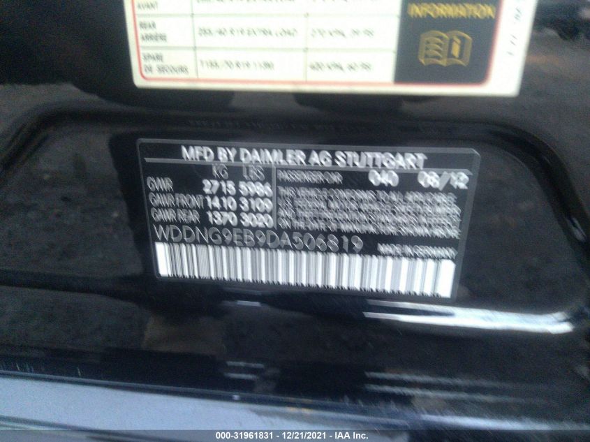 2013 MERCEDES-BENZ S-CLASS S 550 WDDNG9EB9DA506819