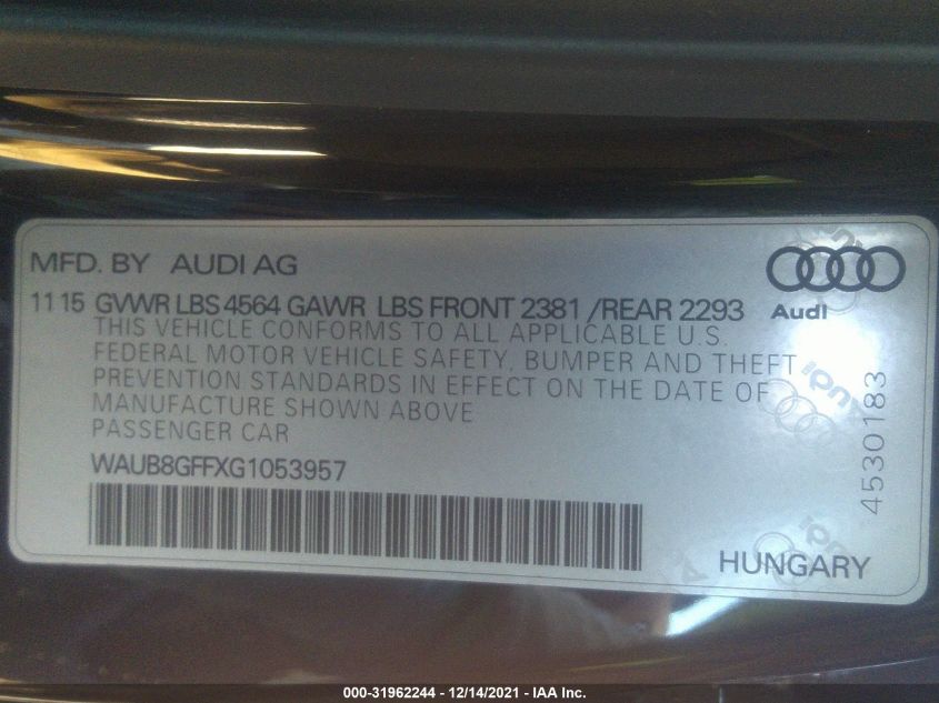 2016 AUDI A3 2.0T PREMIUM WAUB8GFFXG1053957