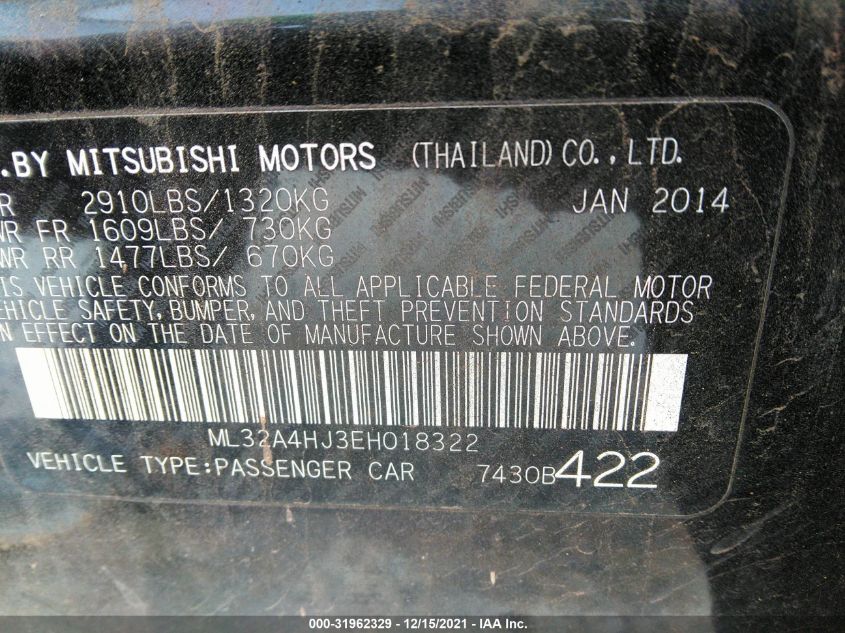 2014 MITSUBISHI MIRAGE ES ML32A4HJ3EH018322