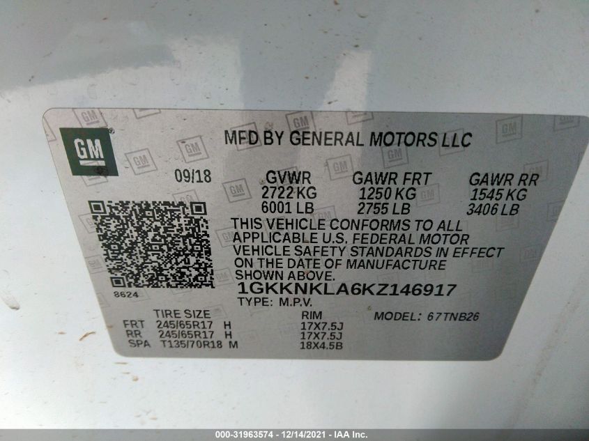 2019 GMC ACADIA SLE 1GKKNKLA6KZ146917