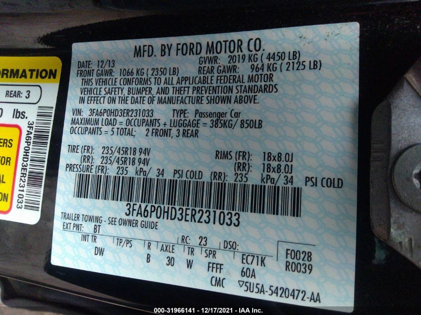 2014 FORD FUSION SE 3FA6P0HD3ER231033