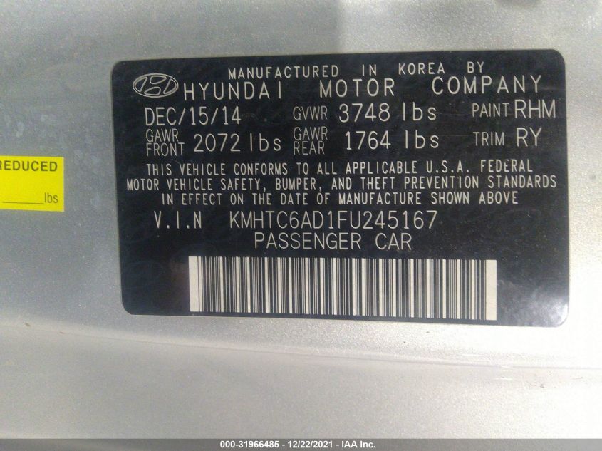 2015 HYUNDAI VELOSTER KMHTC6AD1FU245167
