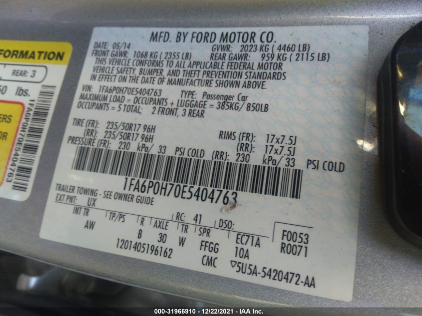 2014 FORD FUSION SE 1FA6P0H70E5404763