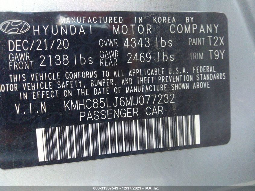 2021 HYUNDAI IONIQ ELECTRIC LIMITED KMHC85LJ6MU077232