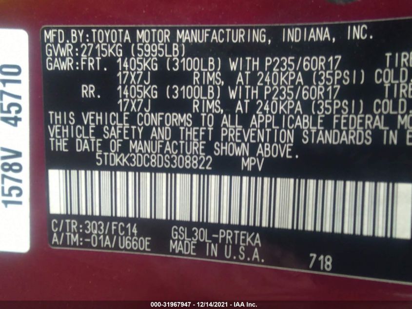 2013 TOYOTA SIENNA LE 5TDKK3DC8DS308822