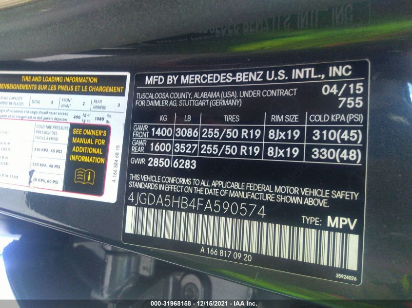 2015 MERCEDES-BENZ M-CLASS ML 350 4JGDA5HB4FA590574