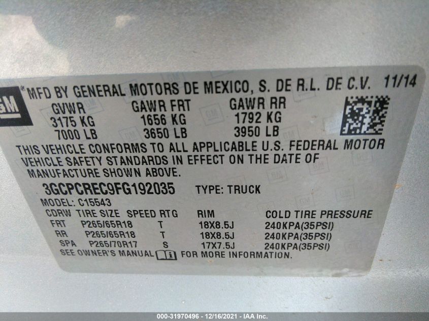 2015 CHEVROLET SILVERADO 1500 LT 3GCPCREC9FG192035