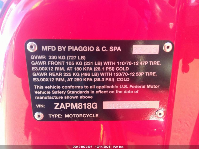2020 VESPA PIAGGIO /PRIMAVERA ZAPM818G9L5800979