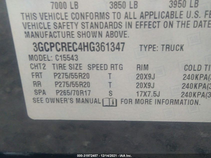 2017 CHEVROLET SILVERADO 1500 LT 3GCPCREC4HG361347