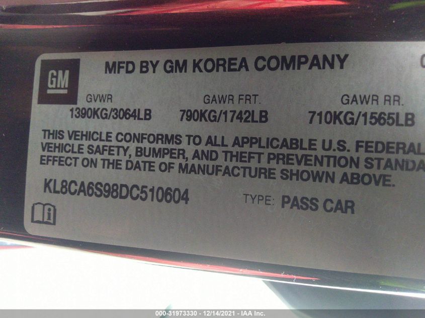 2013 CHEVROLET SPARK LS KL8CA6S98DC510604