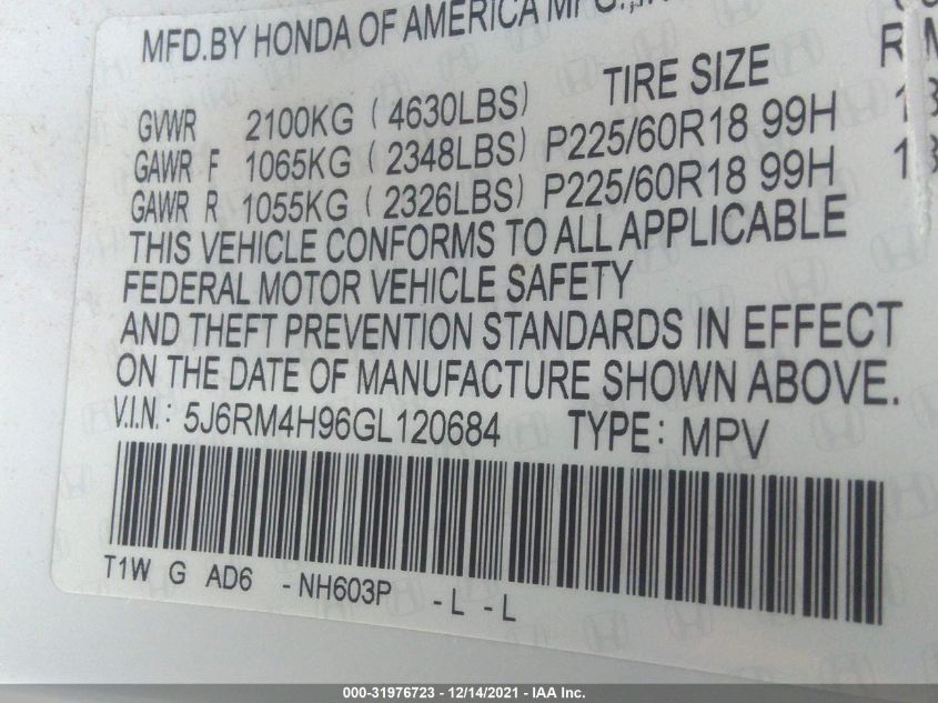 2016 HONDA CR-V TOURING 5J6RM4H96GL120684