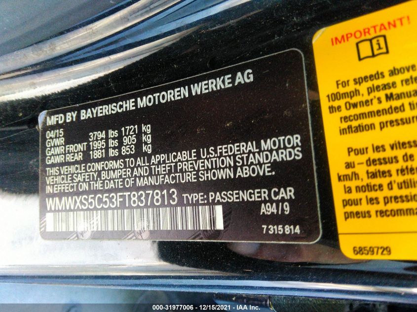 2015 MINI COOPER HARDTOP 4 DOOR WMWXS5C53FT837813