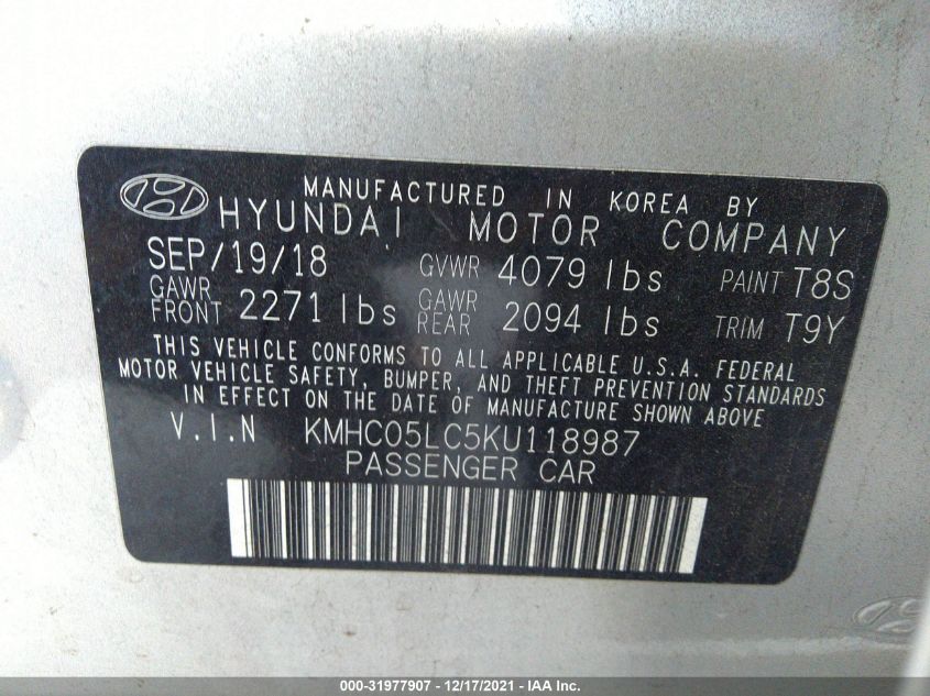 2019 HYUNDAI IONIQ HYBRID LIMITED KMHC05LC5KU118987