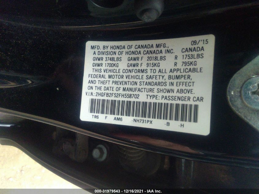 2015 HONDA CIVIC LX - 2HGFB2F52FH558702