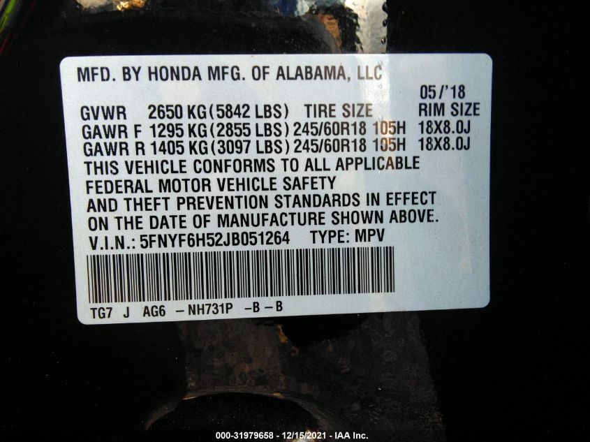 2018 HONDA PILOT EX-L 5FNYF6H52JB051264