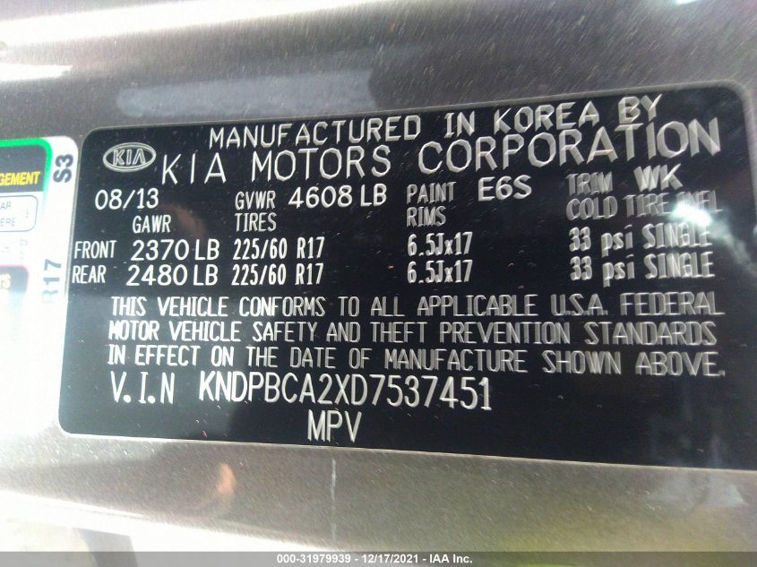 2013 KIA SPORTAGE LX KNDPBCA2XD7537451