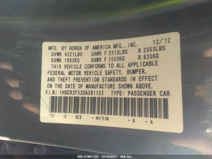 2013 HONDA ACCORD SDN SPORT 1HGCR2F52DA081103