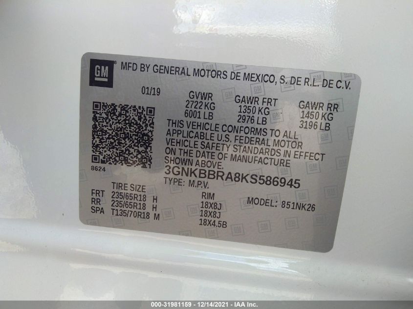 2019 CHEVROLET BLAZER 3GNKBBRA8KS586945