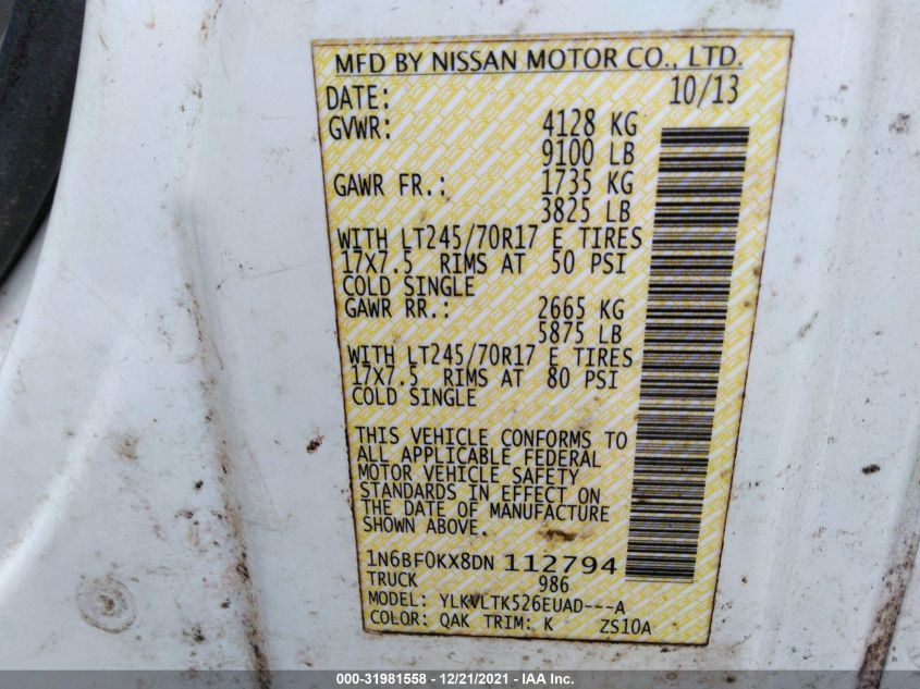 2013 NISSAN NV SV 1N6BF0KX8DN112794
