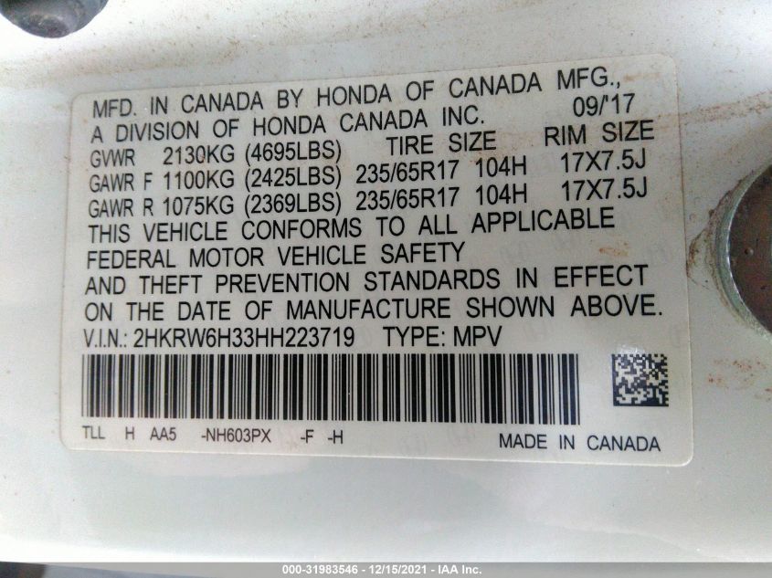 2017 HONDA CR-V LX 2HKRW6H33HH223719