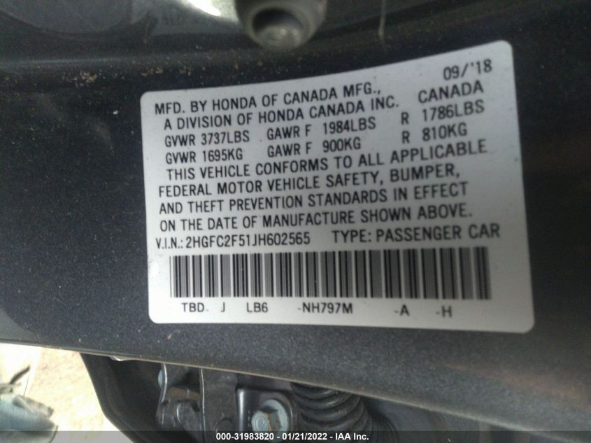 2018 HONDA CIVIC SEDAN LX 2HGFC2F51JH602565