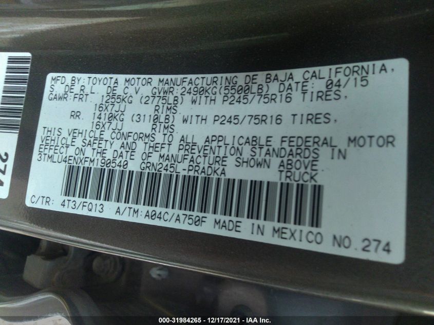 2015 TOYOTA TACOMA 3TMLU4ENXFM190540
