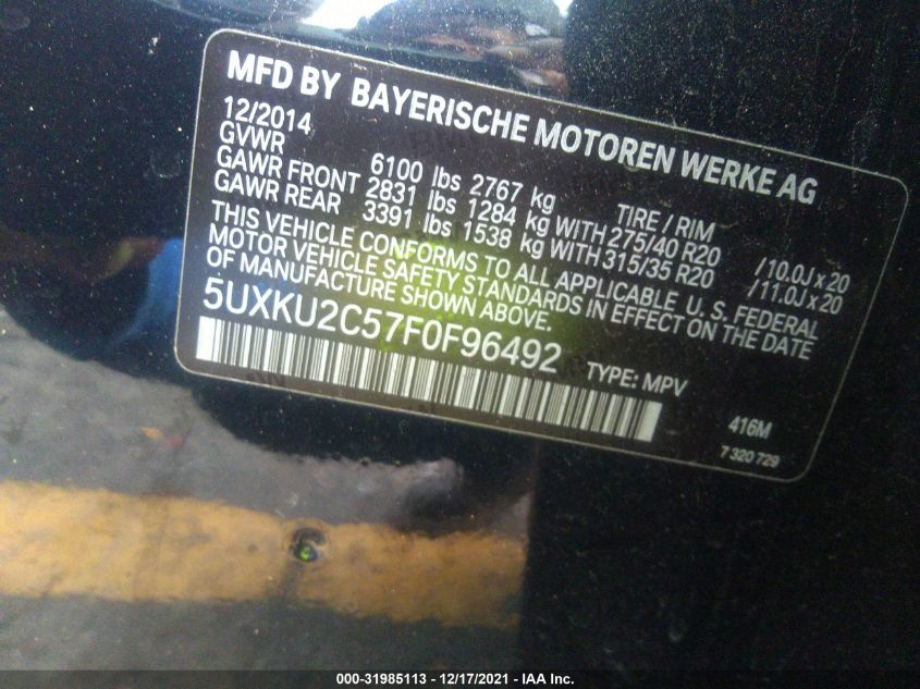 2015 BMW X6 XDRIVE35I 5UXKU2C57F0F96492