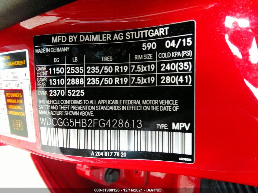 2015 MERCEDES-BENZ GLK-CLASS GLK 350 WDCGG5HB2FG428613