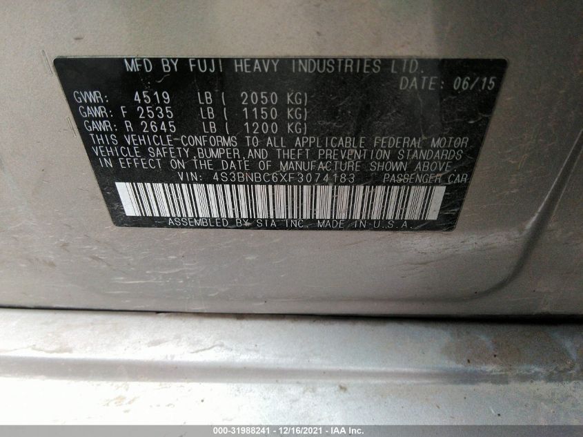 2015 SUBARU LEGACY 2.5I PREMIUM 4S3BNBC6XF3074183