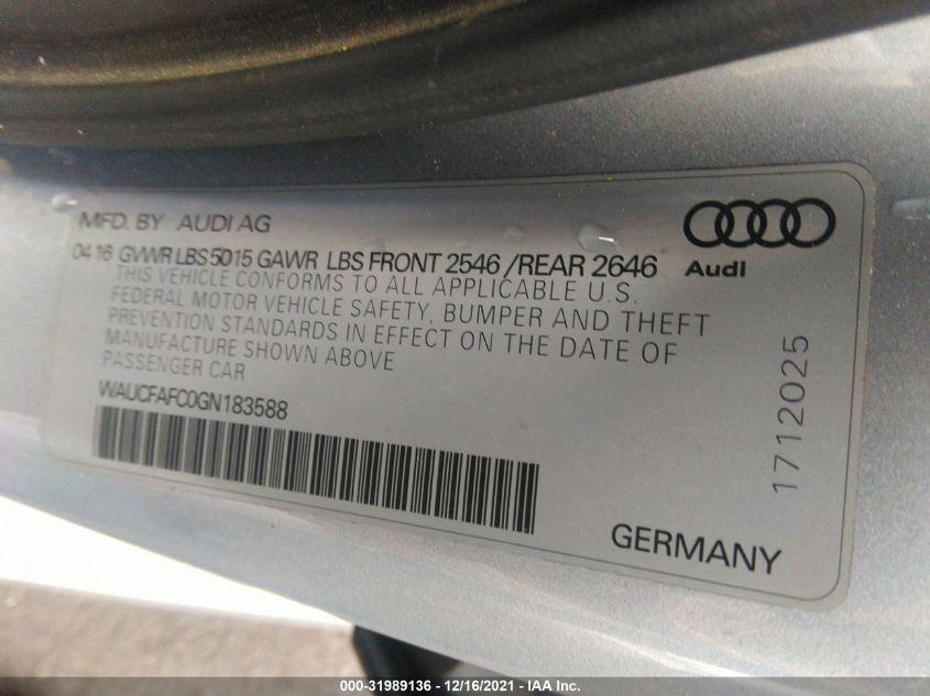 2016 AUDI A6 2.0T PREMIUM WAUCFAFC0GN183588