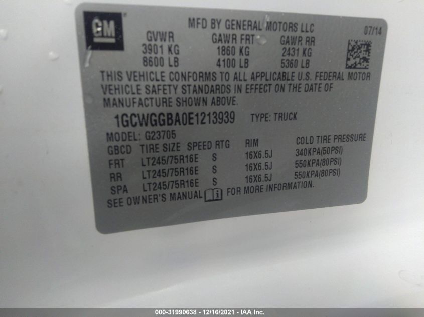 2014 CHEVROLET EXPRESS CARGO VAN 1GCWGGBA0E1213939