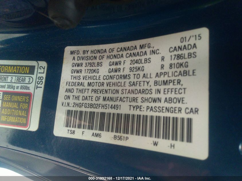 2015 HONDA CIVIC COUPE EX-L 2HGFG3B02FH514491