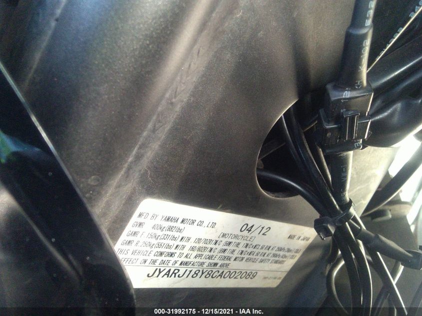 2012 YAMAHA FZ6 RC JYARJ18Y8CA002089
