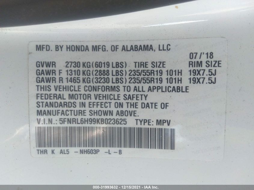 5FNRL6H99KB023625 2019 HONDA ODYSSEY, photo no. 9