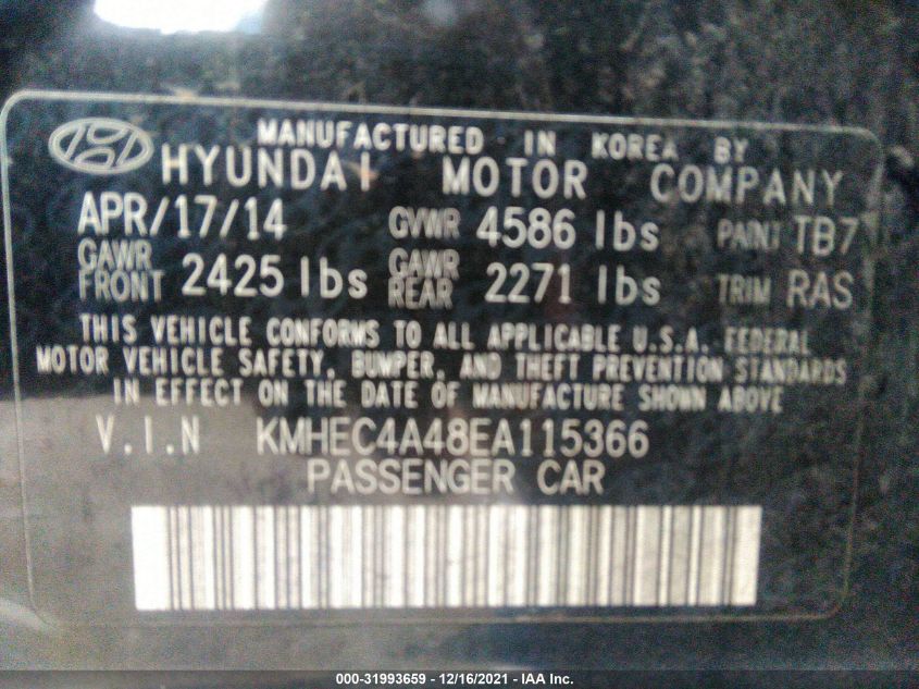 2014 HYUNDAI SONATA HYBRID KMHEC4A48EA115366