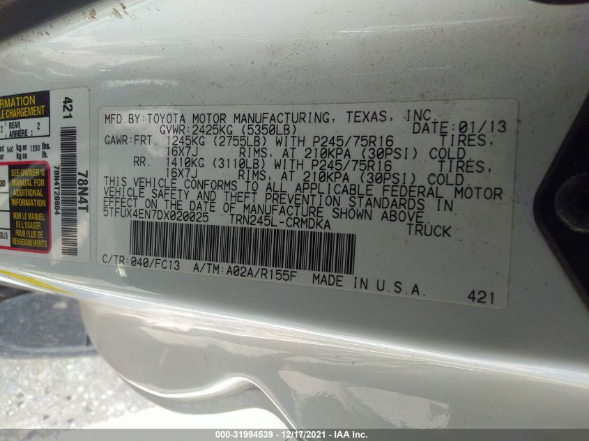 2013 TOYOTA TACOMA 5TFUX4EN7DX020025