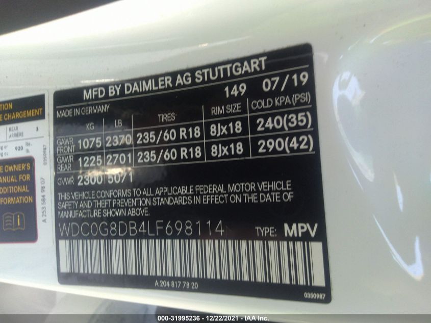 2020 MERCEDES-BENZ GLC GLC 300 WDC0G8DB4LF698114