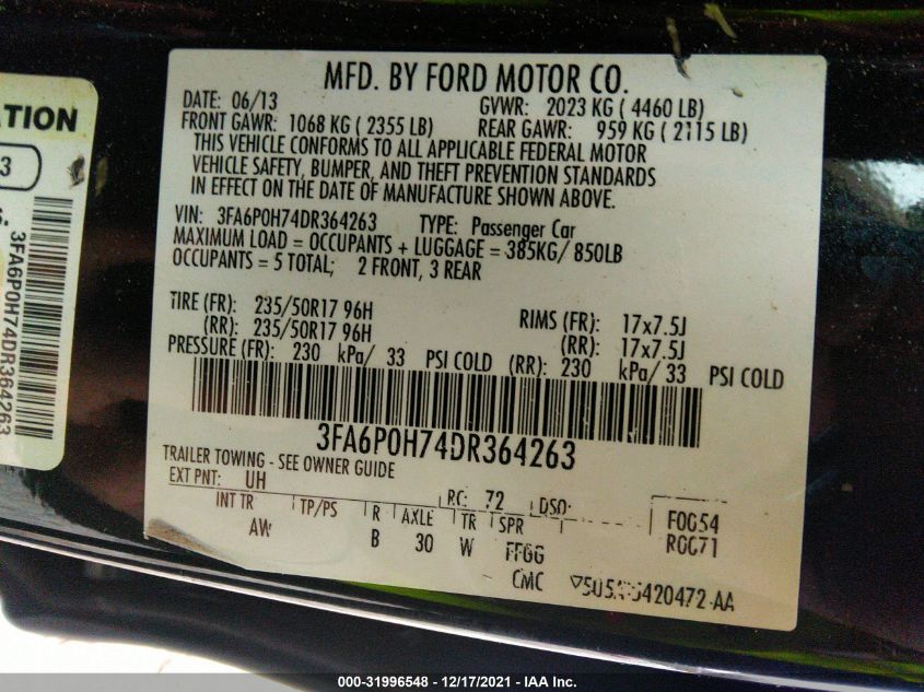 2013 FORD FUSION SE 3FA6P0H74DR364263