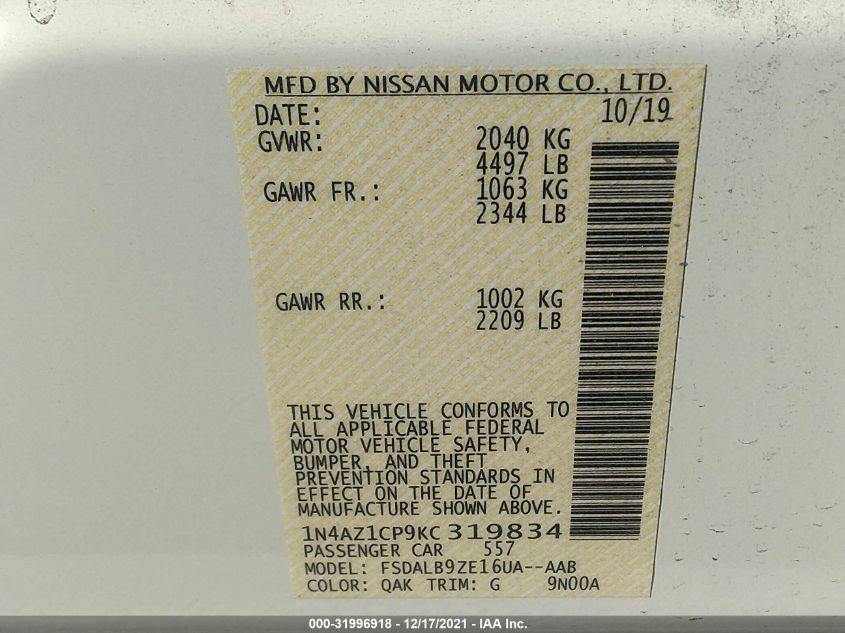 2019 NISSAN LEAF S 1N4AZ1CP9KC319834