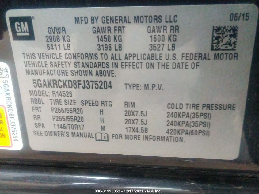 2015 BUICK ENCLAVE PREMIUM 5GAKRCKD8FJ375204