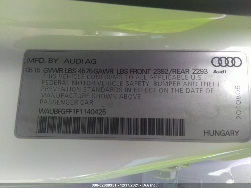 2015 AUDI S3/A3 2.0T PREMIUM WAUBFGFF1F1140425