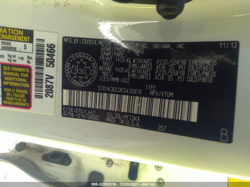 2014 TOYOTA SIENNA LTD 5TDYK3DC0ES430876
