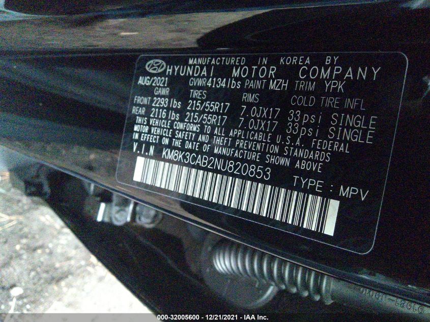 2022 HYUNDAI KONA SEL KM8K3CAB2NU820853