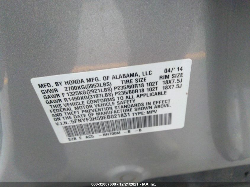 2014 HONDA PILOT EX-L 5FNYF3H59EB021831