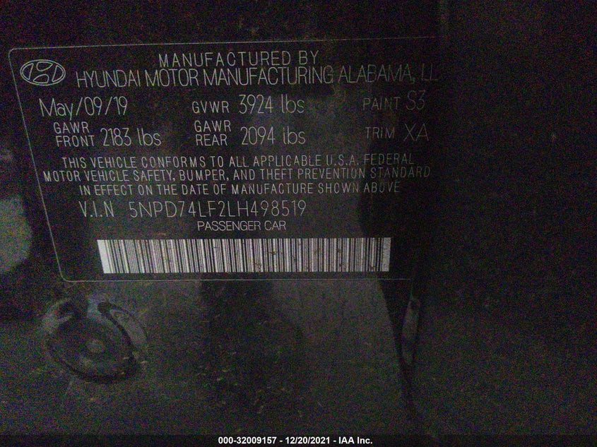 VIN 5NPD74LF2LH498519 2020 HYUNDAI ELANTRA SE