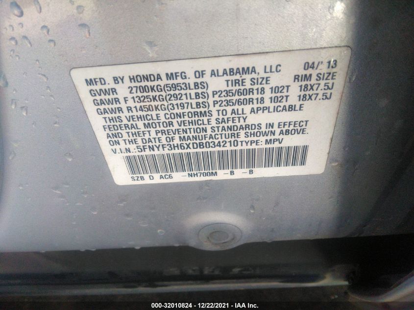 2013 HONDA PILOT EX-L 5FNYF3H6XDB034210