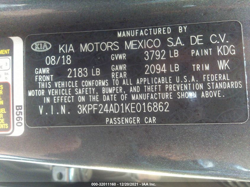 3KPF24AD1KE016862 Kia Forte FE 9