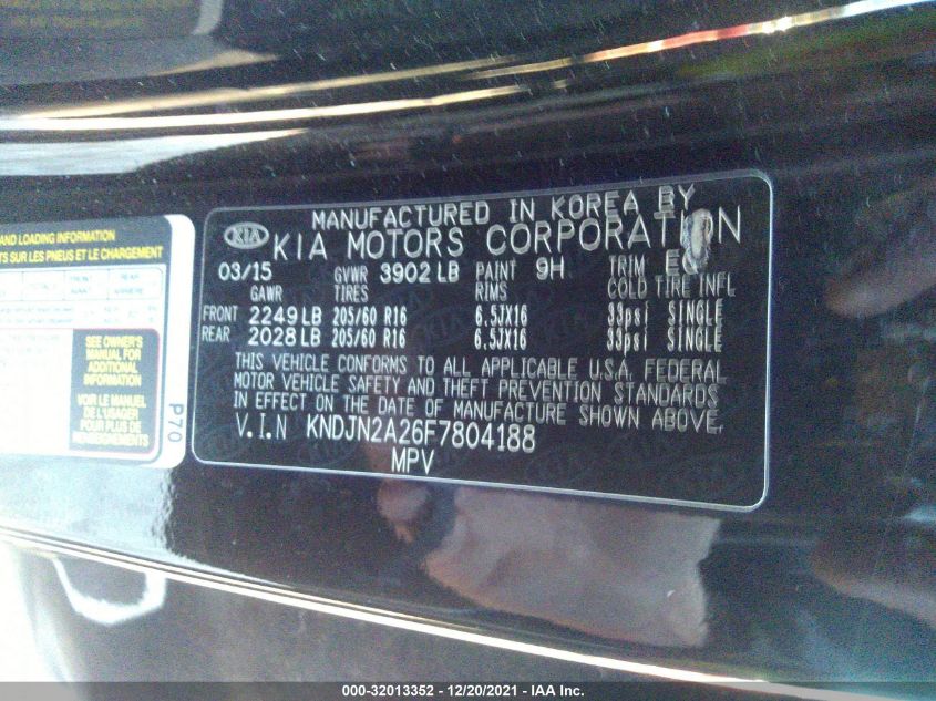 2015 KIA SOUL BASE KNDJN2A26F7804188