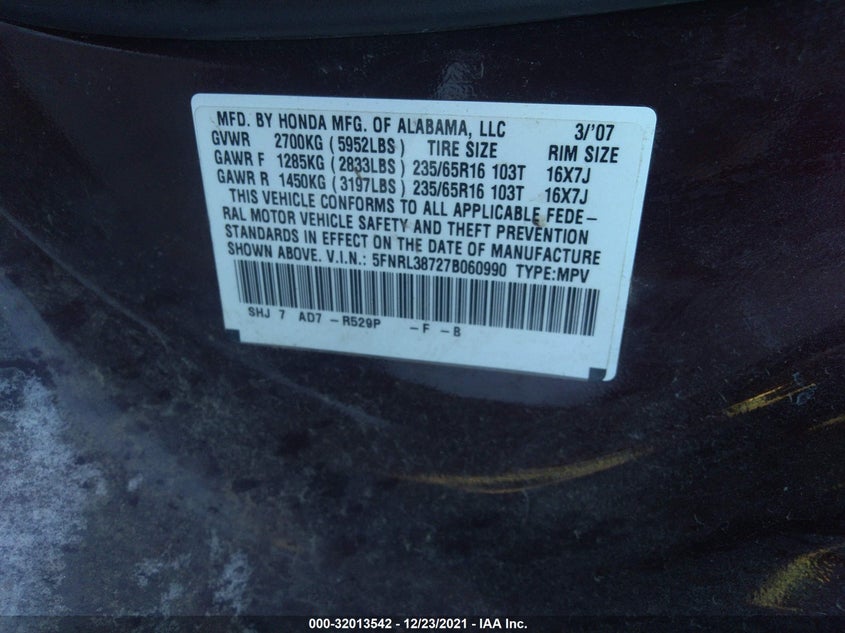 2007 HONDA ALL MODELS VIN: 5FNRL38727B060990